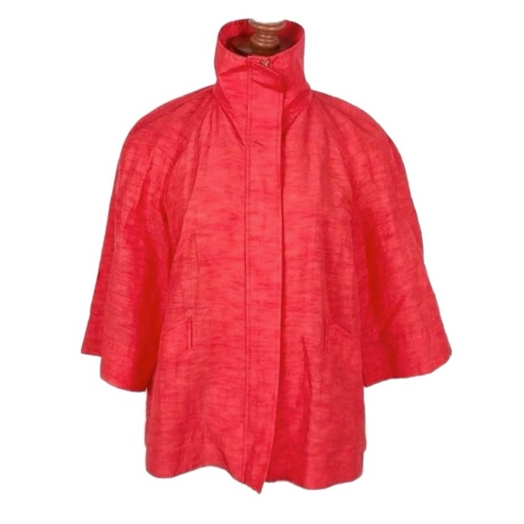 🌻Lafayette 148 NY Linen Cupro Jacket Red Zip Up Mid Length 3/4 Sleeves Roomy 12 - Picture 1 of 7